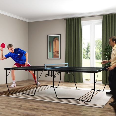 Table de tennis pliable extérieure avec filet, roulettes, 2 raquettes et 3 balles, acier noir, 274 x 152,5 x 76 cm