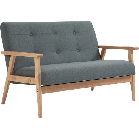 Canapé 2 places 115 cm avec accoudoirs et dossier, petit canapé revêtu aspect lin, pieds en bois, canapé lounge pour salon, chambre, gris foncé (1/5)