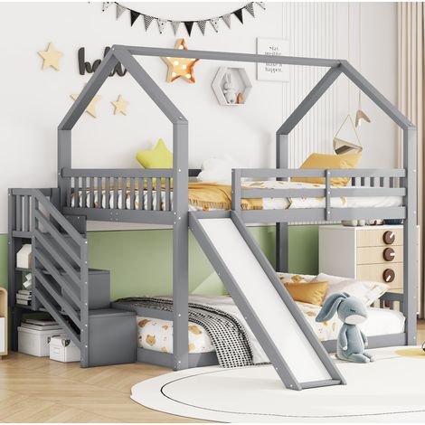 DESVIAE Lit superposé maison avec toboggan et escalier de rangement 140 x 200 cm gris en pin et MDF (1/5)