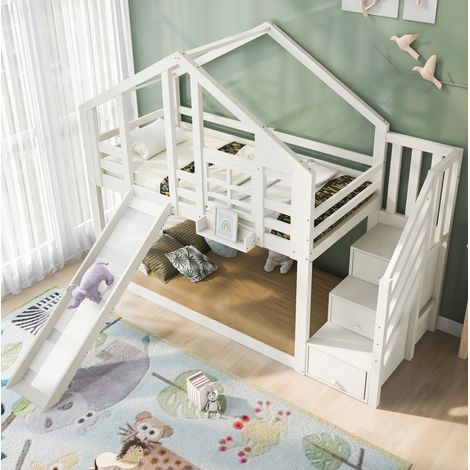 Letto a castello per bambini 254x218x207 cm, con scivolo e scala contenitore, legno massiccio e MDF, bianco (1/5)