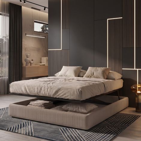 Lit coffre 90x190 cm ouverture parallèle velours côtelé gris (1/5)