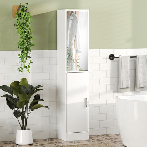 Mobiletto da bagno a colonna con specchio, contenitore a 6 ripiani con 2 ante e ripiani regolabili, 32x28x162 cm, bianco