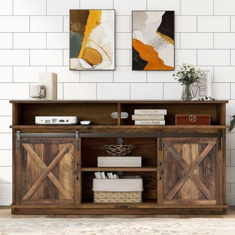 Meuble tv 150x40x80, grand modèle fermé avec 2 portes coulissantes et étagères réglables design fermier meuble tv avec rangement (1/5)