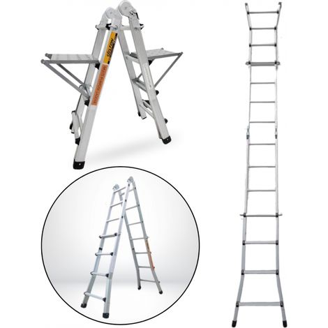 Secury-T – Échelle articulée télescopique en aluminium 4x4 marches 3,88m – 2 tablettes – Normes EN-131 – Charge max 150kg – Pour espaces confinés (1/5)