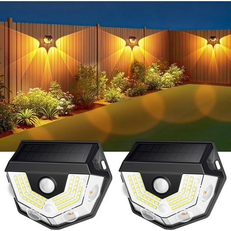 Lot de 2 lampes solaires d'extérieur avec détecteur de mouvement, super lumineuses, 270°, 3 modes, IP65, étanche, avec lumière chaude et blanche, applique murale pour clôture, cour, jardin (1/4)