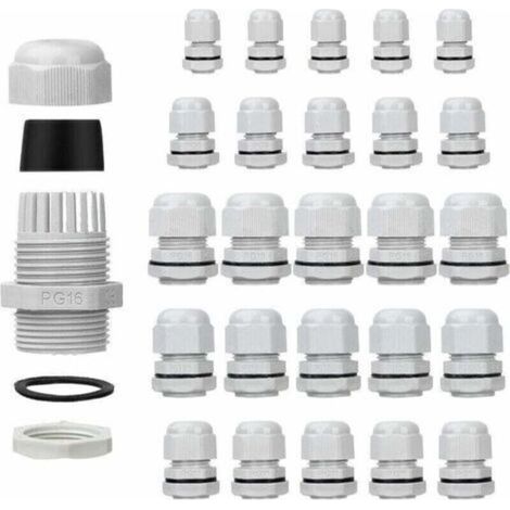 Confezione da 25 pressacavi impermeabili - Regolabili - PG7 PG9 PG11 PG13.5 PG16 - Connettori per cavi - Dadi di riempimento - Guarnizioni in plastica con rondella - Bianco-Crezuo