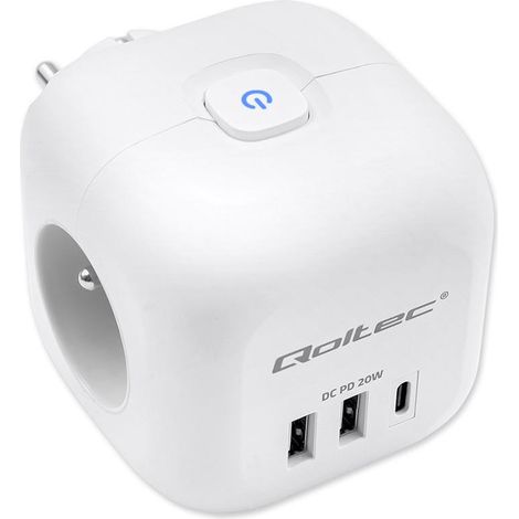 Multiprise Qoltec 6-en-1 avec interrupteur lumineux 3 prises secteur 2 ports USB 1 port USB-C PD 20 W Blanche (1/5)