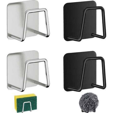 Ensemble De Quatre Pièces Support Eponge Evier Cuisine,Porte Eponge,Crochets Adhésifs Argentés Et Noirs,Porte-Éponges En Acier Inoxy (1/4)