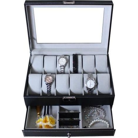 Boîte à Montres et Bijoux, Présentoir, 12 montres, tiroir à bijoux et vitre d'exposition, Gris, Dimensions: 30x20x14 cm (1/3)