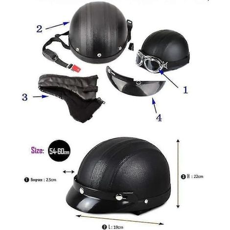 Casque demi-jet en cuir pour moto/scooter, style rétro vintage, avec lunettes anti-UV et visière ouverte. (1/2)
