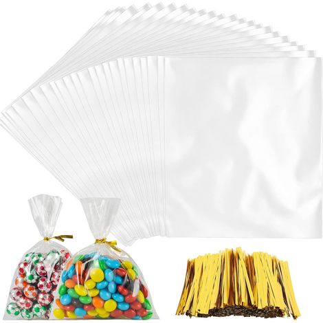 300 Sachet Plastique Transparent15x10cm avec 300 Attaches Dorées Pour Bonbons, Biscuits, Cadeaux Idéal Fêtes, Mariages, Commerces Alimentaires (1/5)
