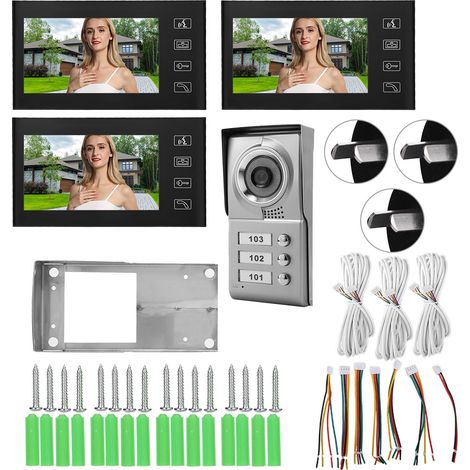 Lot de 3 systèmes de visiophone filaire 7 pouces avec moniteur, caméra infrarouge, interphone de porte et sonnette (110-240V) (1/5)