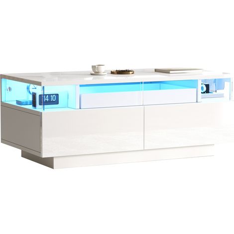 CHICFURN Mesa de centro blanca lacada 90 x 45 x 35,5 cm con 2 cajones y LED (1/5)