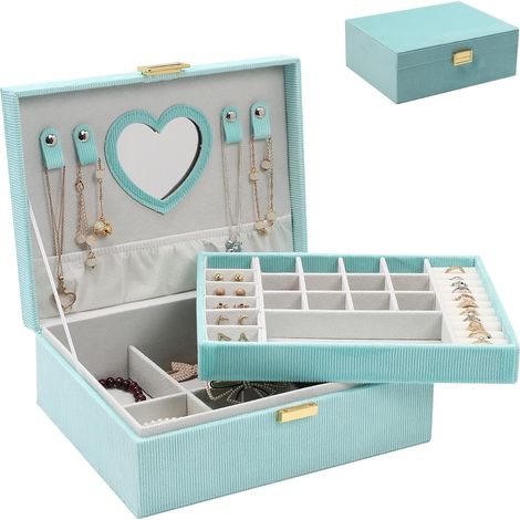 Boîte à bijoux pour femmes et filles, boîte de rangement de bijoux, grande boîte à bijoux en velours à 2 niveaux pour bagues, colliers, bracelets, montres, boucles d'oreilles (vert) (1/4)