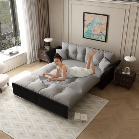 Canapé-lit gigogne 190 cm, convertible 3 en 1 avec capitonnage et 2 coussins moelleux, revêtement en velours multifonctionnel, gris clair (1/5)