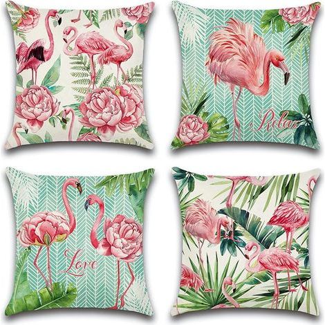 Lot de 4 housses de coussin d'extérieur motif flamant rose et fleurs roses pour patio, jardin, salon, chambre à coucher, 45 x 45 cm (1/5)