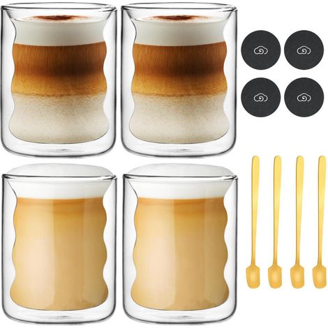 Doppelwandige Gläser mit Löffel & Untersetzer, 200ml Spiral-Kaffeegläser für Latte Macchiato