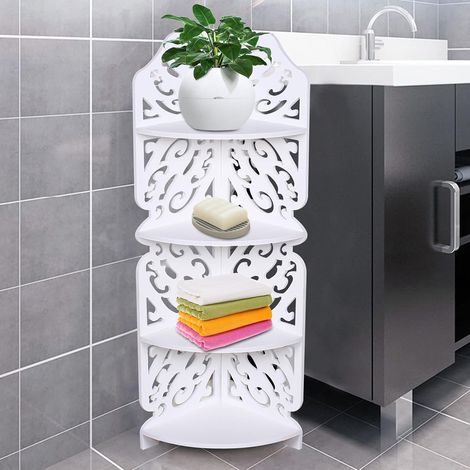 4 Tier Weiß Eckregal Stehend, Geschnitztes Hohles Design Standregal, Dampproof Badregal Küchenregal, Stehende Organizer aus Recycelbare Materialien für Badezimmer, Küche, Büro, Wohnzimmer, 19X19X80 cm