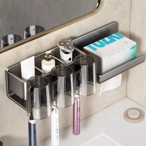 Portaspazzolino senza trapano, portaspazzolino multifunzionale da parete con bicchiere, alluminio, grigio scuro, per 3 persone, con bicchiere (1/3)