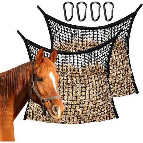 Lot de 2 filets à foin pour chevaux - 80 x 90 cm - Sac à foin pour chevaux - Sac à foin pour 8 kg - Avec 4 mousquetons - Solide et grand sac à foin robuste pour chevaux, bœufs et moutons - Noir (1/5)