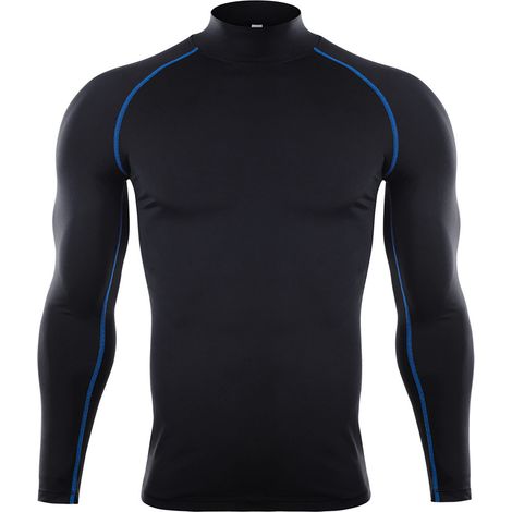 T-shirt de sport à manches longues pour homme, compression élastique, idéal pour l'entraînement, motifs lignes noires et bleues, taille XL (1/5)