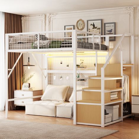 Hochbett Metall/MDF Weiß 140x200 cm mit Stauraumtreppe, Kleiderschrank und APP-gesteuertem LED-Licht