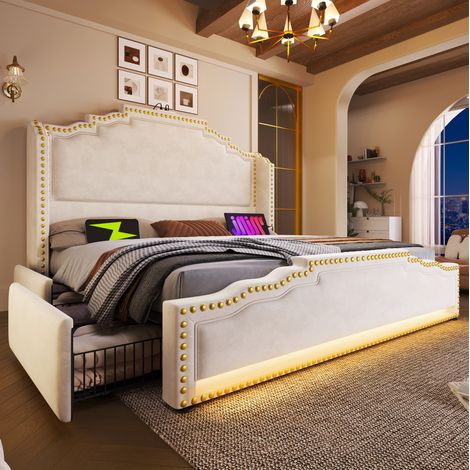 Cama doble con almacenamiento LED y USB beige OKMYHOME (1/5)