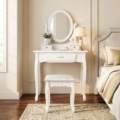 Coiffeuse avec Miroir Oval et Tabouret, Vintage Ensemble de Coiffeuse avec 3 Tiroirs pour Chambre à Coucher, Miroir Pivotant à 360°, 75x40x136 cm, Blanc (1/5)