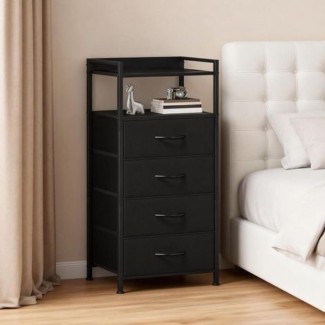 Table de chevet moderne 4 tiroirs en tissu – Étagère ouverte intégrée – Modèle étroit 41x29x83,5 cm – Structure en acier – Idéale pour chambre, salon et bureau – Noir (1/5)