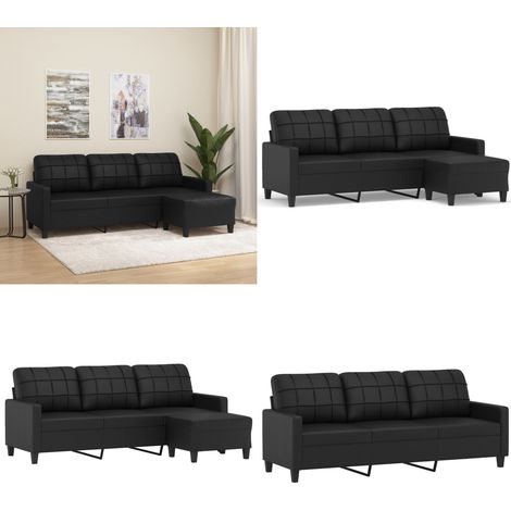 Canapé à 3 places avec repose-pieds Noir 180 cm Similicuir - Canapé Trois Places - Canapé Avec Repose-pieds - Canapé Noir - Canapé Similicuir - Meuble Salon - Home & Living
