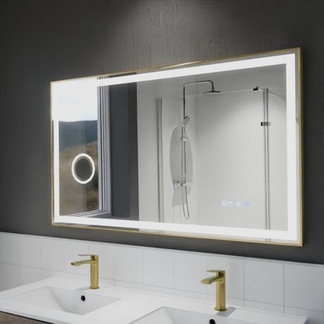 Miroir LED cadre doré CARA 120 cm x 70 cm - antibuée, horloge et loupe (1/3)