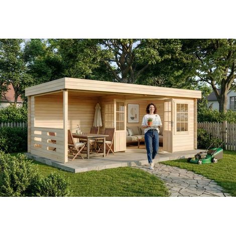 Alpholz Gartenhaus Hanna Gartenhaus aus Holz, Holzhaus mit 34 mm Wandstärke inklusive Terrasse, Blockbohlenhaus mit Montagematerial (1/5)