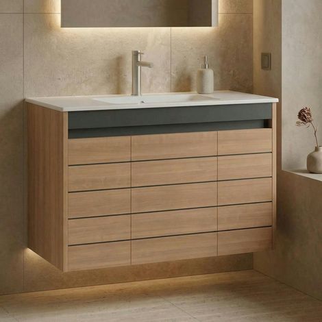 Meuble vasque suspendu 100 cm décor chêne 3 portes AÏGA (1/5)