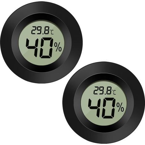 Confezione da 2 igrometri/termometri digitali con display LCD per esterni, ideali per umidificatori, deumidificatori, serre, scantinati, camerette per bambini, colore nero e forma rotonda. (1/5)