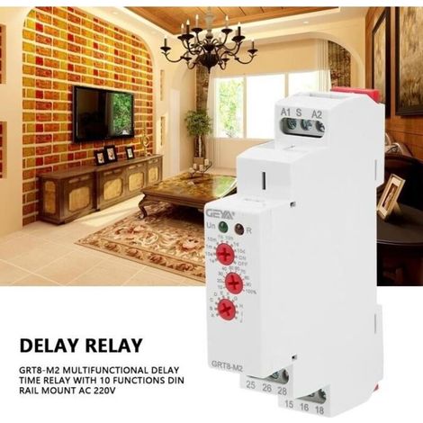 Relè temporizzato multifunzione GRT8-M2, elettronica compatta, 10 funzioni, montaggio su guida DIN, 220 V - MEY