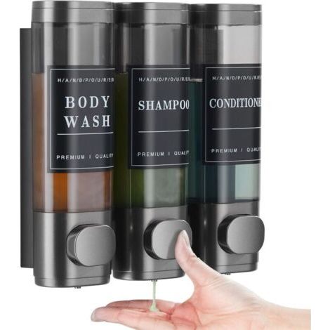 Distributeur de Savon Mural 3 en 1, Distributeur de Gel Douche, Aucun poinçonnage requis, adapté au shampoing, après-shampooing, Cuisine, hôtel (Gris) (1/4)