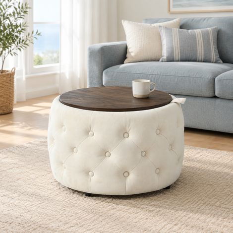 Set 2 pouf contenitore rotondi in velluto 4 in 1 con vassoio in legno beige HAVRYA