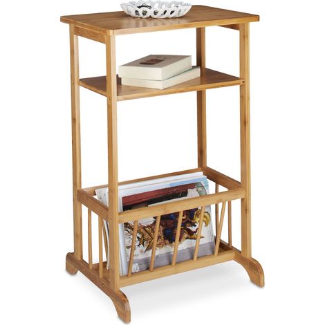 Relaxdays – Mesa auxiliar con cesta para periódicos, bambú, 71.5 x 44.5 x 37 cm, 2 estantes, marrón natural (1/5)