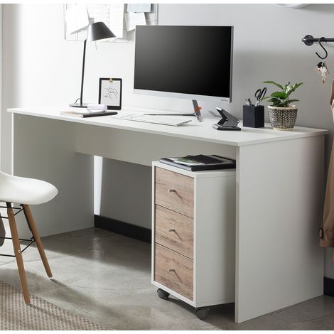 Büro Schreibtisch inkl. Rollcontainer BRAGA-80 in weiß mit Wildeiche Nb., B/H/T: ca. 150/73,6/65 cm (1/5)