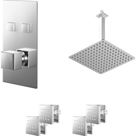 Cubix Polished Chrome Push Button Diverter Concealed Thermostatic Shower Valve and 300mm Square Head with 300mm Ceiling Arm and 4 Body Jets - 2 Outlet (1/5)