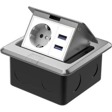 Prise de Sol Étanche Encastré Comptoir 1 Prise 2 USB pour Bureau (Noir Argent) (1/5)