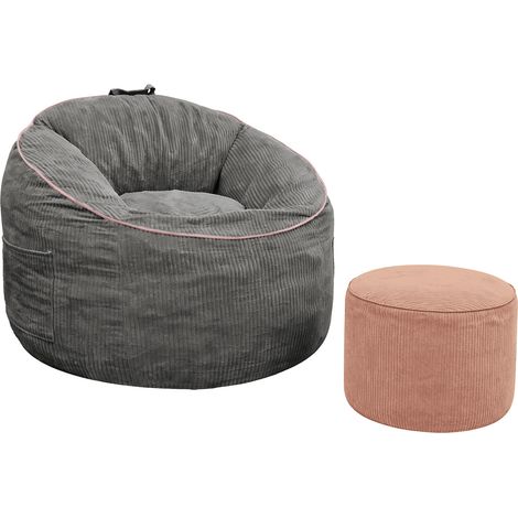 Poltrona sacco ergonomica grigia con pouf cilindrico coordinato e tasca laterale (1/4)