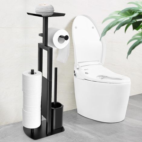 Porte-papier toilette debout en acier inoxydable avec brosse wc - Boîte à lingettes humides incluses (1/5)