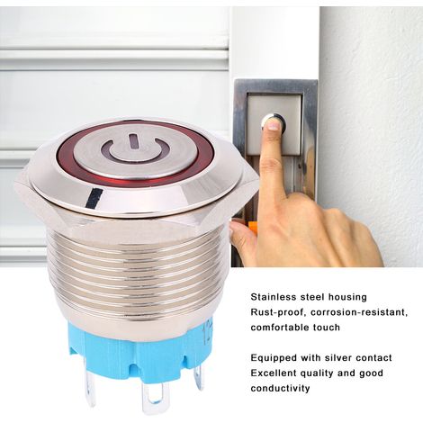 Lot de 2 boutons-poussoirs lumineux à symbole marche rouge ronds 16 mm acier inoxydable IP65 12-24V CC 4 broches 1 NO momentané (1/5)
