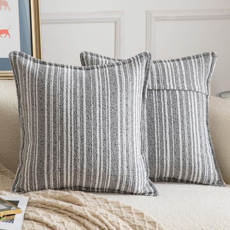Lot de 2 Housses de coussin, Bouclés, Rayées, Fermeture éclair invisible, Salon Chambre, 50x50 cm