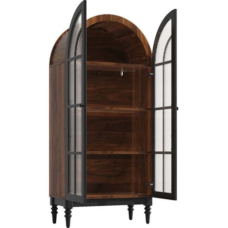 Vitrine 2 compartiments meuble de rangement forme haute arquée structure indépendante portes vitrées aspect bois rangement haut (1/3)