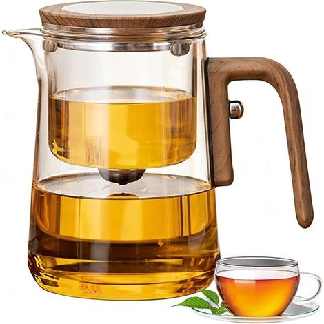 Glass Teapot with Water Separation, Borosilicate Glass Teapot with Infuser Tea Pot for Leaf Tea with Wood Handle (800 Milliliters) (1/5)