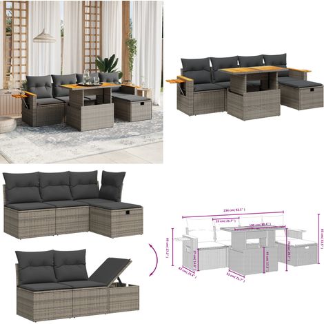6-tlg. Garten-Sofagarnitur mit Kissen Grau Poly Rattan - Gartenmöbel Set - PE-Rattan Möbel - Outdoor Lounge - Garten Sofa - Balkon Möbel - Home & Living (1/5)