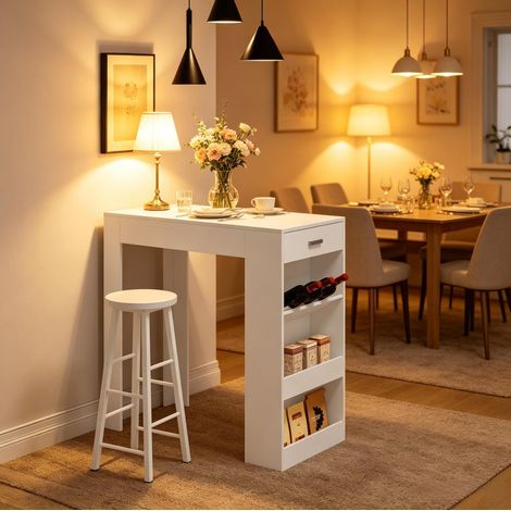Mesa de bar de madera contrachapada 100 x 100 x 50 cm blanca con cajón y botellero (1/5)