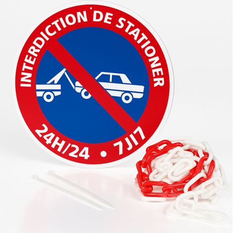 Interdiction de stationner 24h/24 7j/7 mise en fourrière panneau rond prépercé avec chaine plastique rouge/blanc avec collier de serrage de serrage Diamètre 300 mm (1/5)